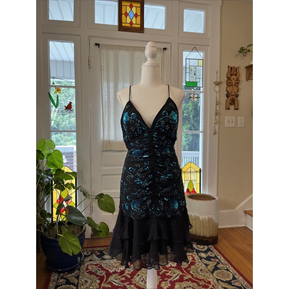 Vintage Venus M Y2K Black Dress 100% Silk Floral Beads Sequins Evening Babydoll
